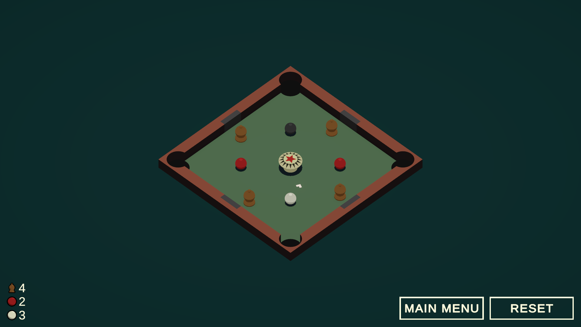A screenshot of the game Trickshot depicting a square pool table with Pinball themed obstacles on it.