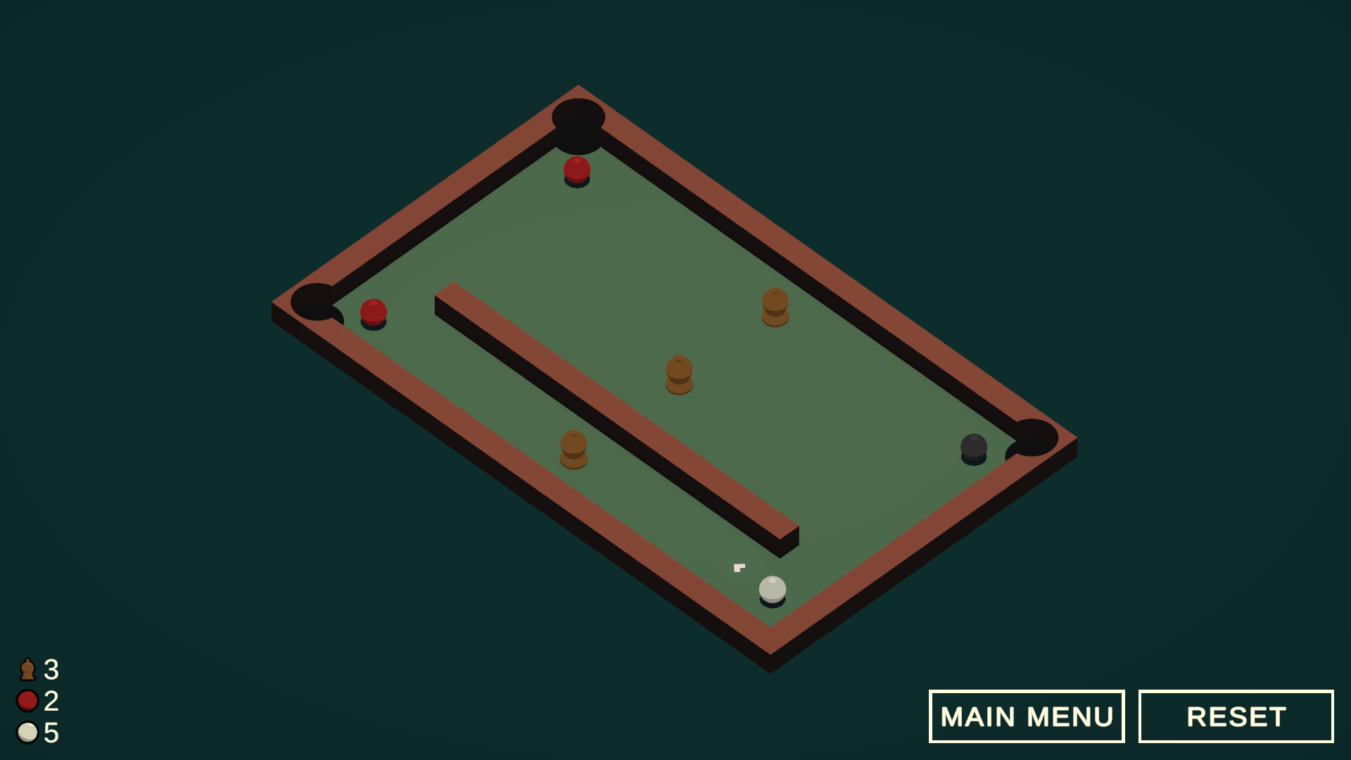 A screenshot of the game Trickshot depicting a pool table with Pinball themed obstacles on it.