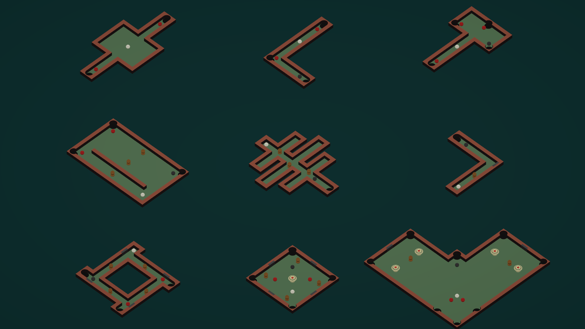 A screenshot of the game Trickshot depicting all of the various tables the player can play on.